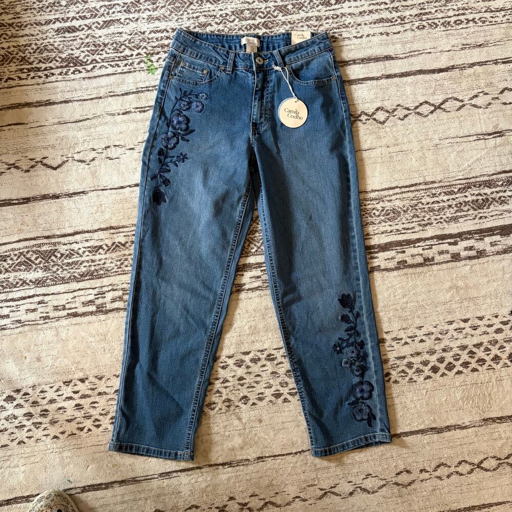 Camila Coelho Straight Ankle Floral Embroidered Women’s Jeans Brand New